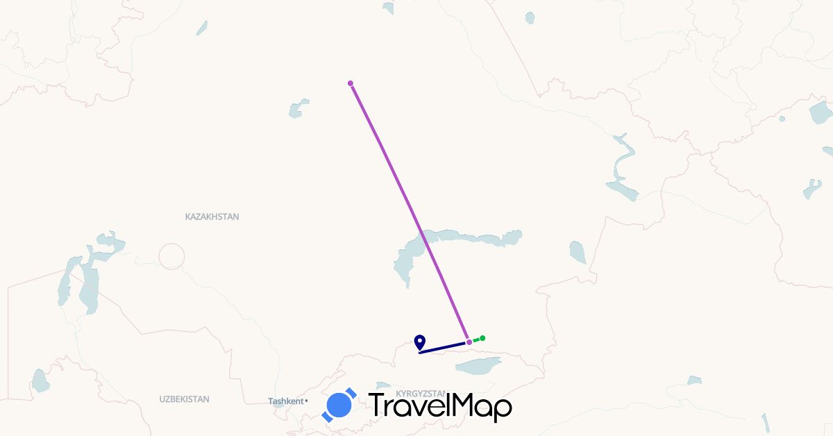 TravelMap itinerary: driving, bus, train in Kyrgyzstan, Kazakhstan (Asia)